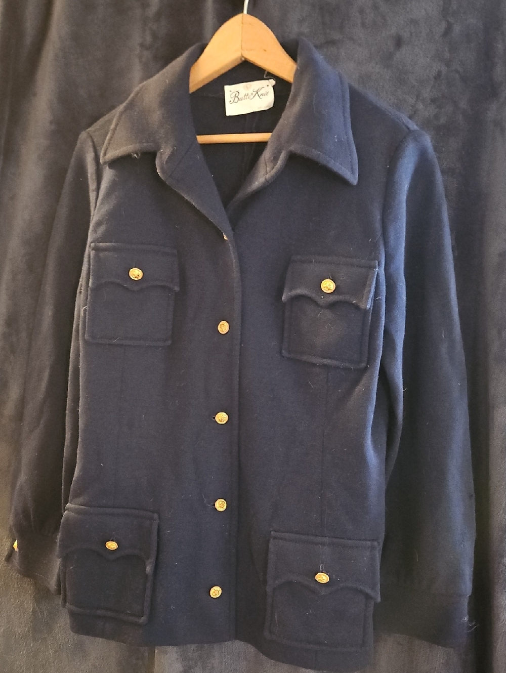 Vintage Butte Knit Navy  Button-Front Jacket 2 Buttons Missing.
